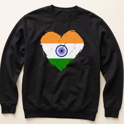 Distressed graphic of a heart made from the India flag's colors and symbol — printed on a unisex sweatshirt