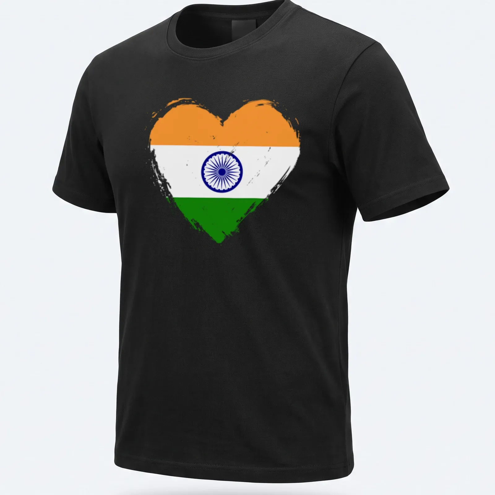 Distressed graphic of a heart made from the India flag's colors and symbol — printed on a unisex t-shirt
