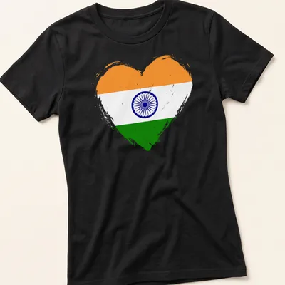 Distressed graphic of a heart made from the India flag's colors and symbol — printed on a women's shirt