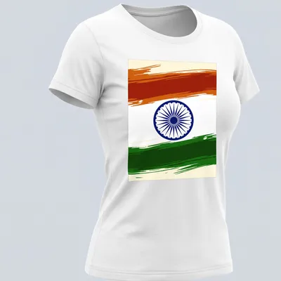 Doodle illustration of the India flag in orange, white, green, and blue — printed on a women's shirt