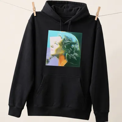 Pop Art depiction of Ingrid Bergman with vibrant colors by Andy Warhol — printed on a unisex hoodie