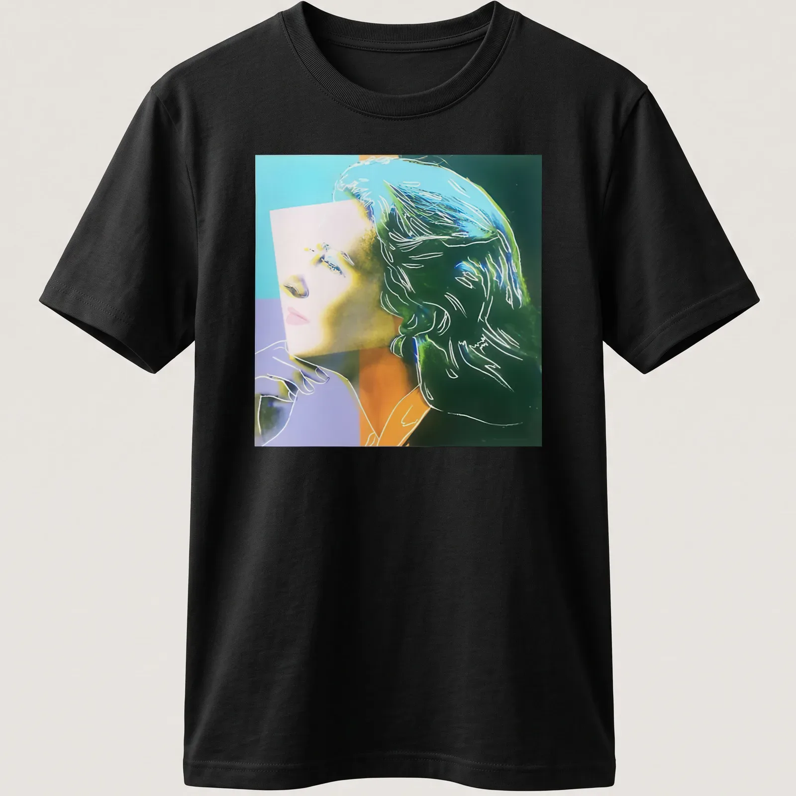 Pop Art depiction of Ingrid Bergman with vibrant colors by Andy Warhol — printed on a unisex t-shirt