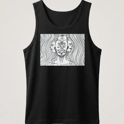 Abstract line art of a three-headed figure in black and white — printed on a tank top
