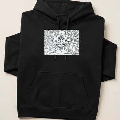 Abstract line art of a three-headed figure in black and white — printed on a unisex hoodie