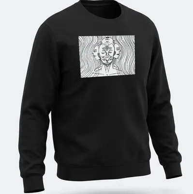 Abstract line art of a three-headed figure in black and white — printed on a unisex sweatshirt