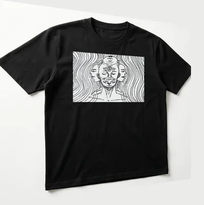 Abstract line art of a three-headed figure in black and white — printed on a unisex t-shirt (angled view)