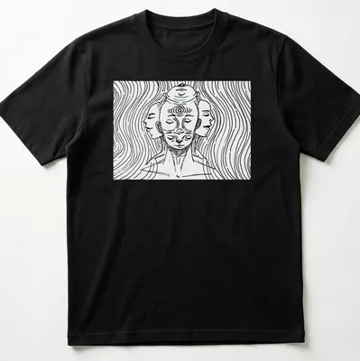 Abstract line art of a three-headed figure in black and white