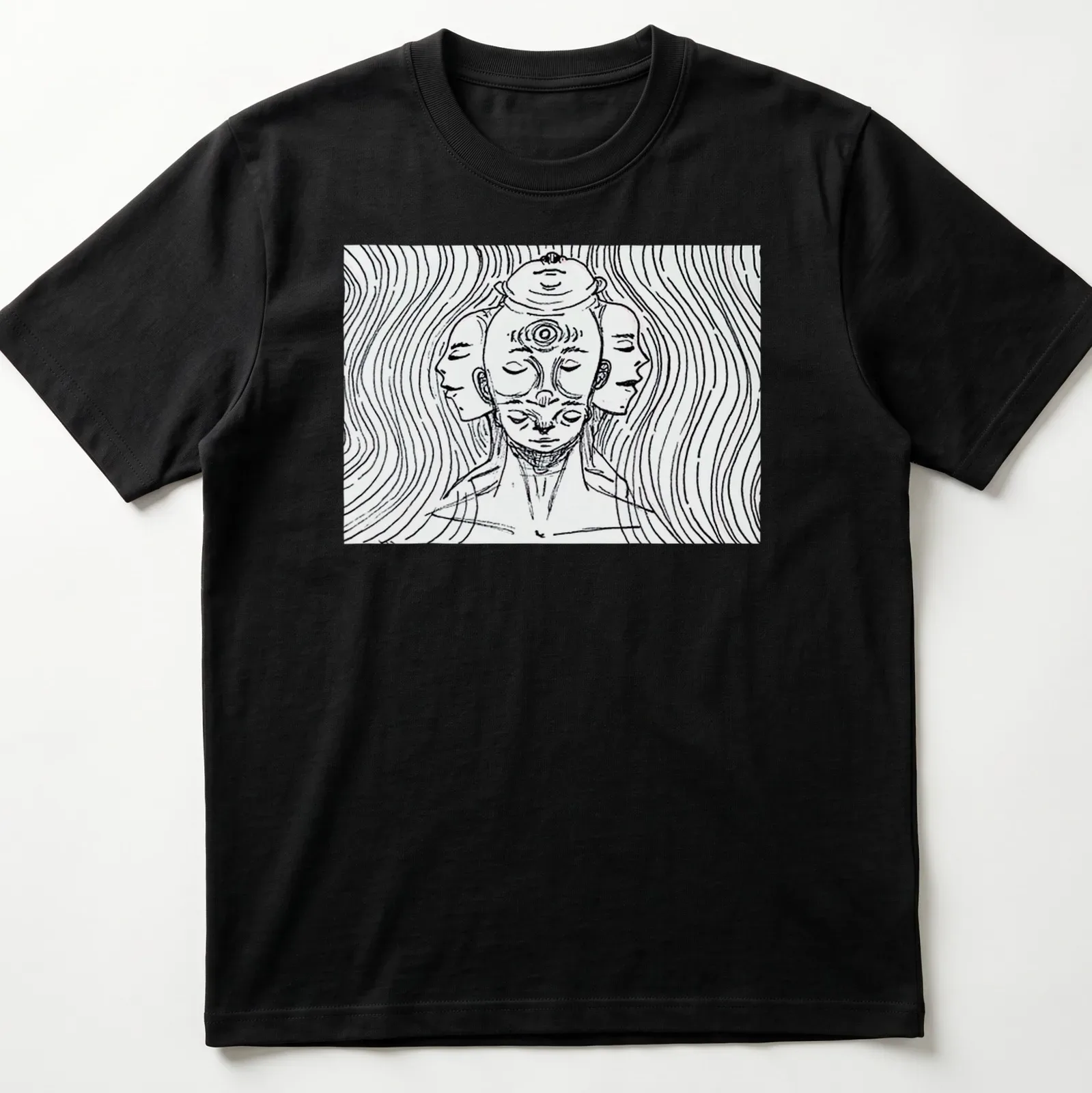 Abstract line art of a three-headed figure in black and white — printed on a unisex t-shirt