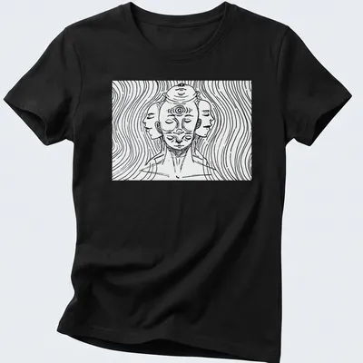 Abstract line art of a three-headed figure in black and white — printed on a women's shirt