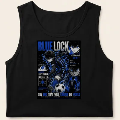 Anime illustration of Isagi Yoichi with motivational text in blue and black — printed on a tank top