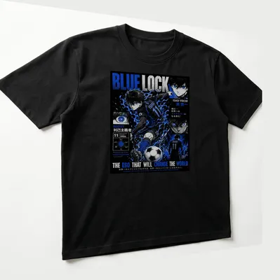 Anime illustration of Isagi Yoichi with motivational text in blue and black — printed on a unisex t-shirt (angled view)