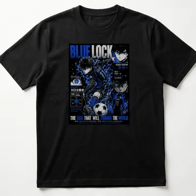 Anime illustration of Isagi Yoichi with motivational text in blue and black