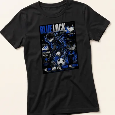 Anime illustration of Isagi Yoichi with motivational text in blue and black — printed on a women's shirt