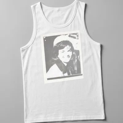 Pop art illustration of Jacqueline Kennedy in black, white, and gray — printed on a tank top