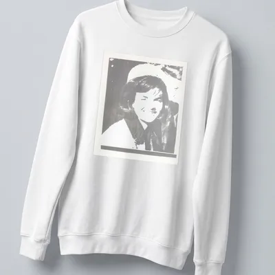 Pop art illustration of Jacqueline Kennedy in black, white, and gray — printed on a unisex sweatshirt