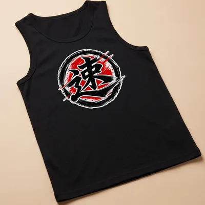 Bold brush stroke design of Japanese Kanji symbol for speed in red and black. — printed on a tank top