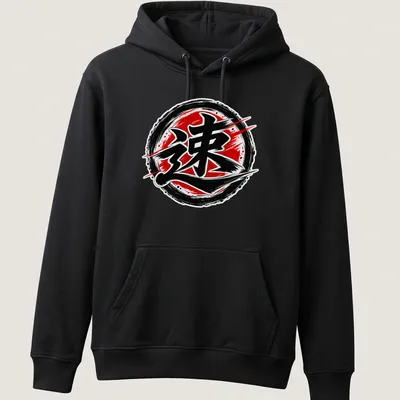 Bold brush stroke design of Japanese Kanji symbol for speed in red and black. — printed on a unisex hoodie
