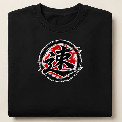 Bold brush stroke design of Japanese Kanji symbol for speed in red and black. — printed on a unisex sweatshirt
