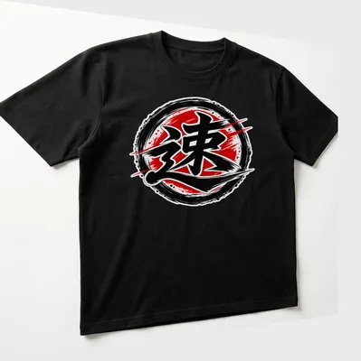 Bold brush stroke design of Japanese Kanji symbol for speed in red and black. — printed on a unisex t-shirt (angled view)