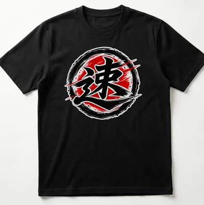 Bold brush stroke design of Japanese Kanji symbol for speed in red and black.