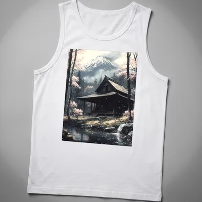 Realistic landscape of a Japanese shrine with Mount Fuji and cherry blossoms — printed on a tank top