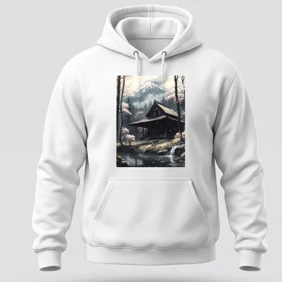 Realistic landscape of a Japanese shrine with Mount Fuji and cherry blossoms — printed on a unisex hoodie