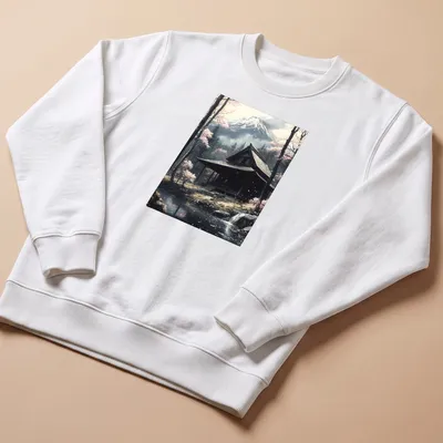 Realistic landscape of a Japanese shrine with Mount Fuji and cherry blossoms — printed on a unisex sweatshirt
