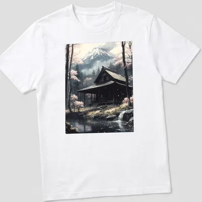 Realistic landscape of a Japanese shrine with Mount Fuji and cherry blossoms
