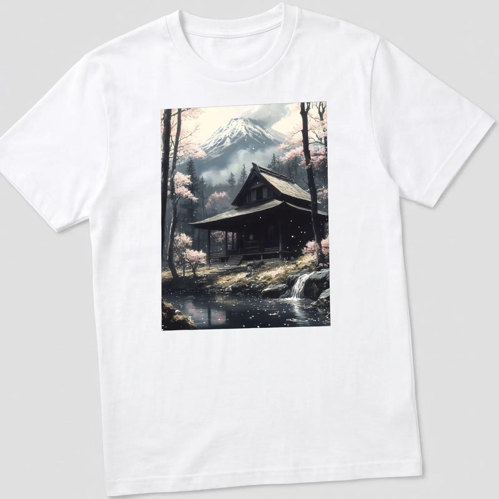 Realistic landscape of a Japanese shrine with Mount Fuji and cherry blossoms — printed on a unisex t-shirt