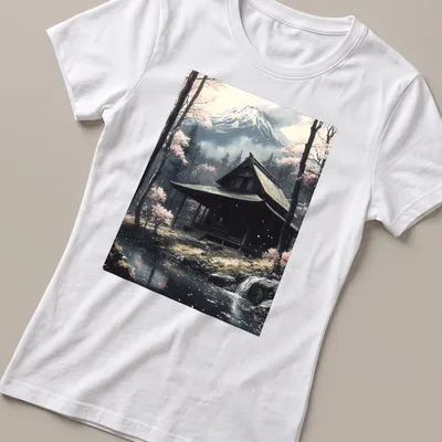 Realistic landscape of a Japanese shrine with Mount Fuji and cherry blossoms — printed on a women's shirt