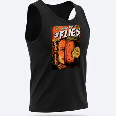 Grunge vintage t-shirt featuring a jar of flies and edgy text — printed on a tank top