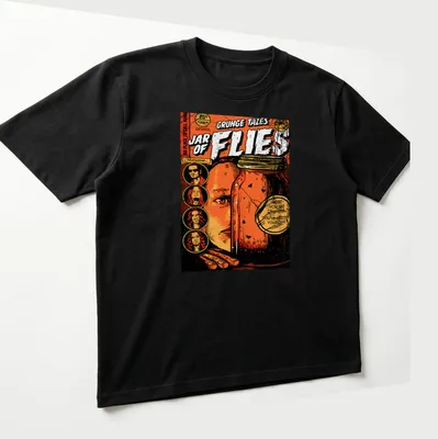 Grunge vintage t-shirt featuring a jar of flies and edgy text — printed on a unisex t-shirt (angled view)