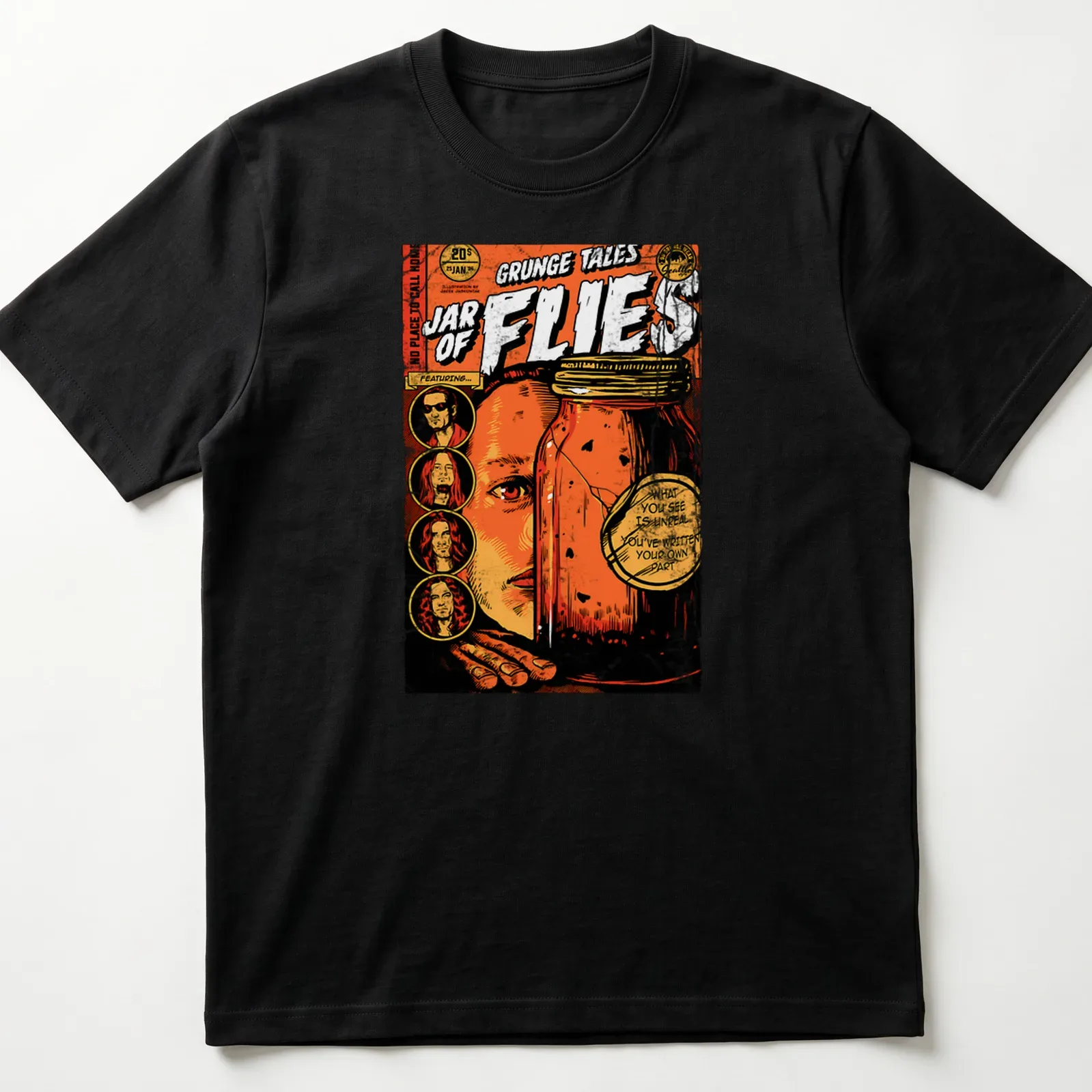 Grunge vintage t-shirt featuring a jar of flies and edgy text — printed on a unisex t-shirt