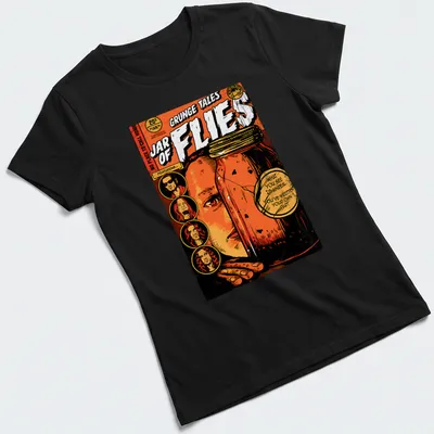 Grunge vintage t-shirt featuring a jar of flies and edgy text — printed on a women's shirt
