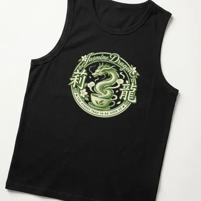 Vintage circular design of a dragon and teacup with tea-themed text — printed on a tank top
