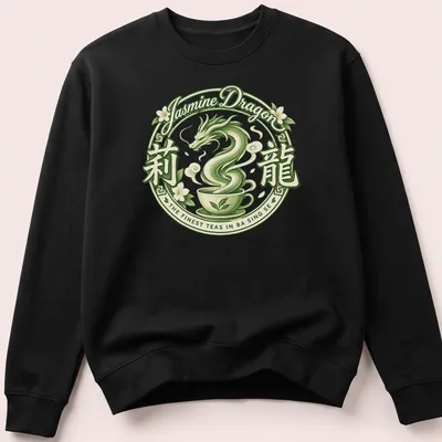 Vintage circular design of a dragon and teacup with tea-themed text — printed on a unisex sweatshirt