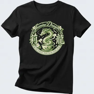 Vintage circular design of a dragon and teacup with tea-themed text — printed on a women's shirt