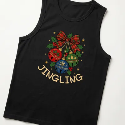 Colorful plaid T-shirt with the word Jingling and festive Christmas bells — printed on a tank top