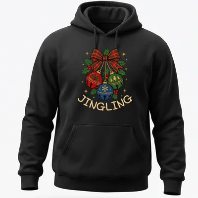 Colorful plaid T-shirt with the word Jingling and festive Christmas bells — printed on a unisex hoodie