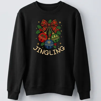 Colorful plaid T-shirt with the word Jingling and festive Christmas bells — printed on a unisex sweatshirt