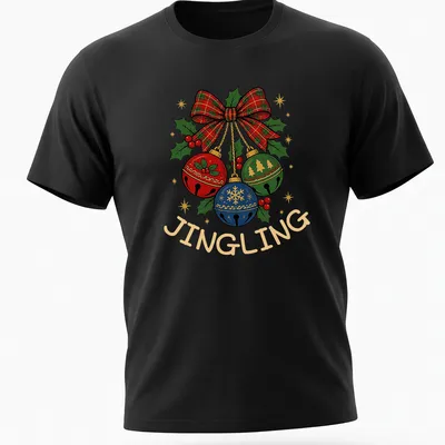 Colorful plaid T-shirt with the word Jingling and festive Christmas bells