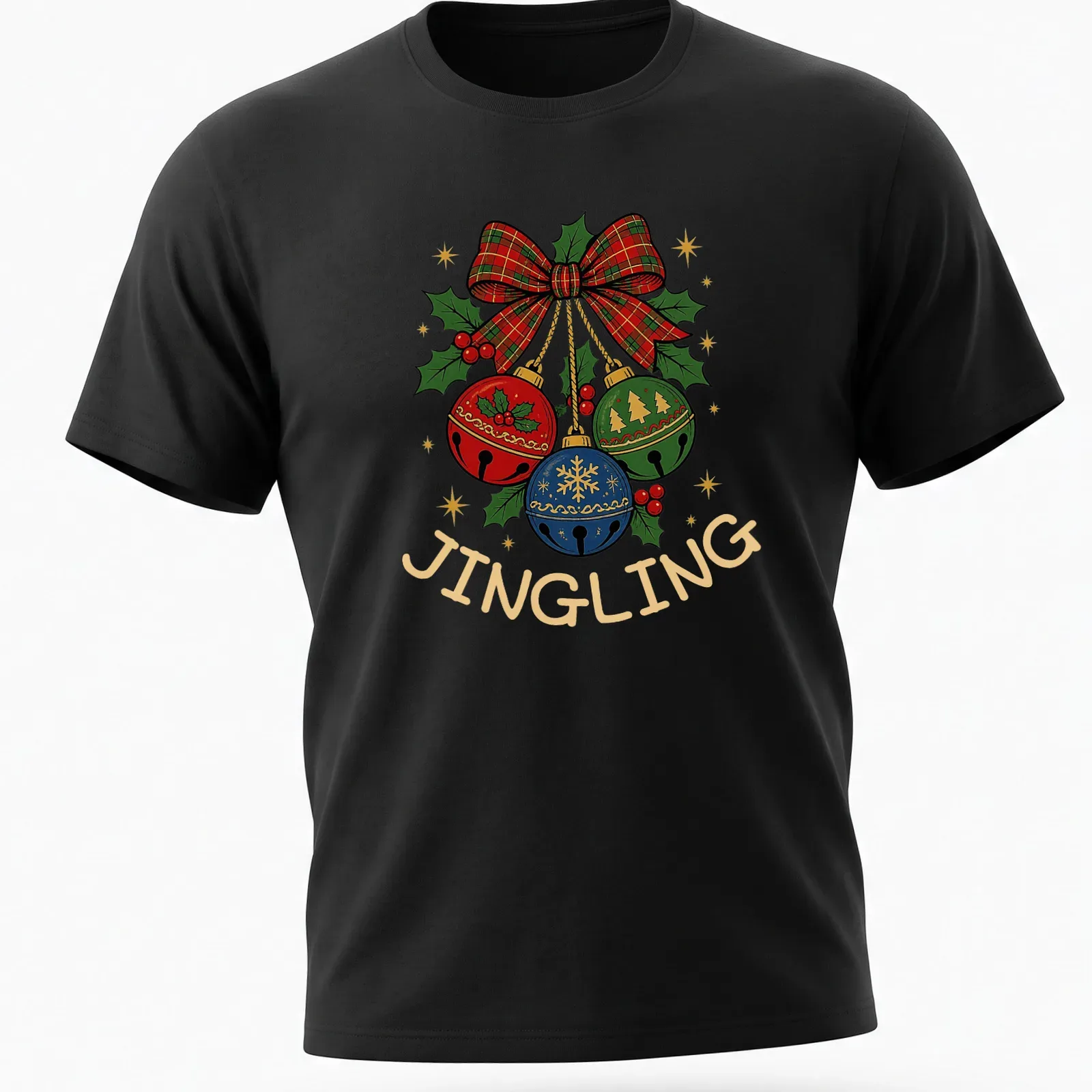 Colorful plaid T-shirt with the word Jingling and festive Christmas bells — printed on a unisex t-shirt