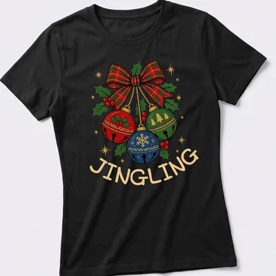 Colorful plaid T-shirt with the word Jingling and festive Christmas bells — printed on a women's shirt