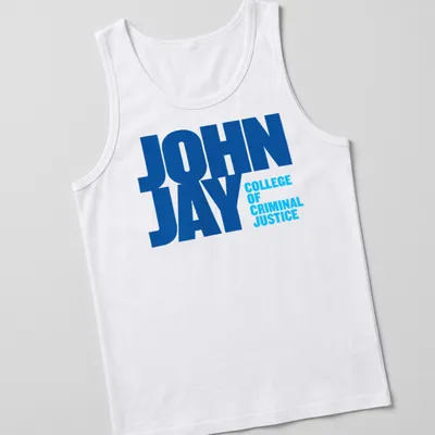 Bold typography John Jay College of Criminal Justice t-shirt in blue and white — printed on a tank top
