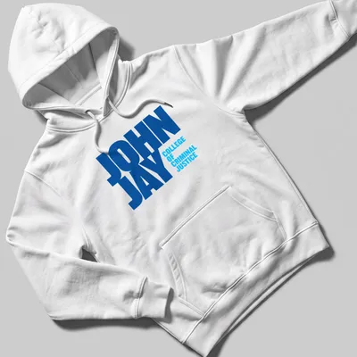 Bold typography John Jay College of Criminal Justice t-shirt in blue and white — printed on a unisex hoodie