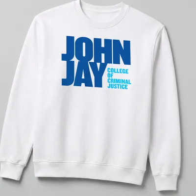 Bold typography John Jay College of Criminal Justice t-shirt in blue and white — printed on a unisex sweatshirt