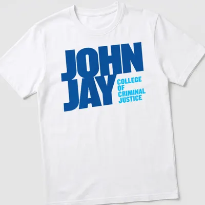 Bold typography John Jay College of Criminal Justice t-shirt in blue and white