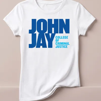 Bold typography John Jay College of Criminal Justice t-shirt in blue and white — printed on a women's shirt