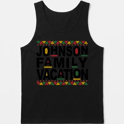 Bold geometric design featuring 'JOHNSON FAMILY VACATION' in red, green, yellow, and white on black. — printed on a tank top
