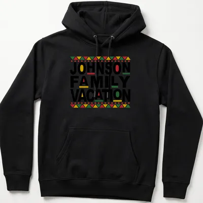 Bold geometric design featuring 'JOHNSON FAMILY VACATION' in red, green, yellow, and white on black. — printed on a unisex hoodie